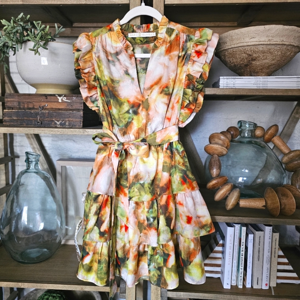 Marie Oliver Emery Silk/Cotton Ruffle Mini Dress Watercolor Garden Print Sz XS